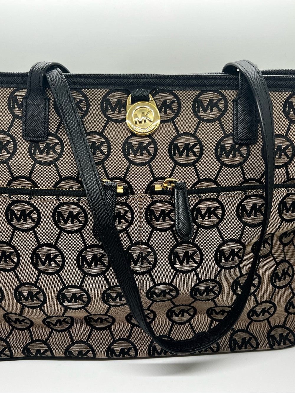Michael Kors Black and Beige MK Logo Canvas Tote
